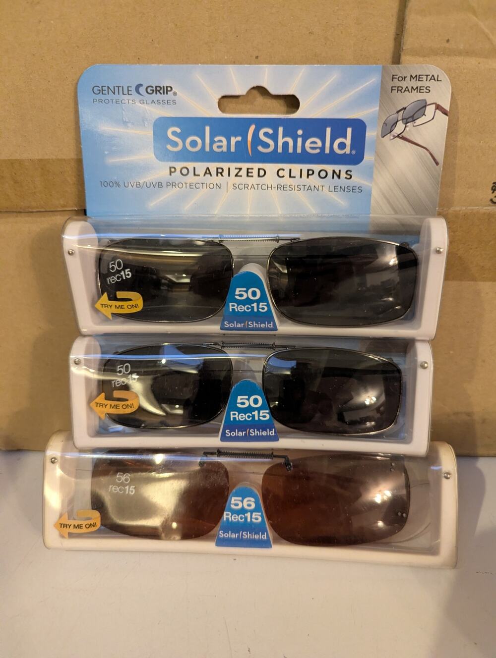 Solar Shield Rec15 gentle grip polarized clip on shaded sunglass lens lot of 3